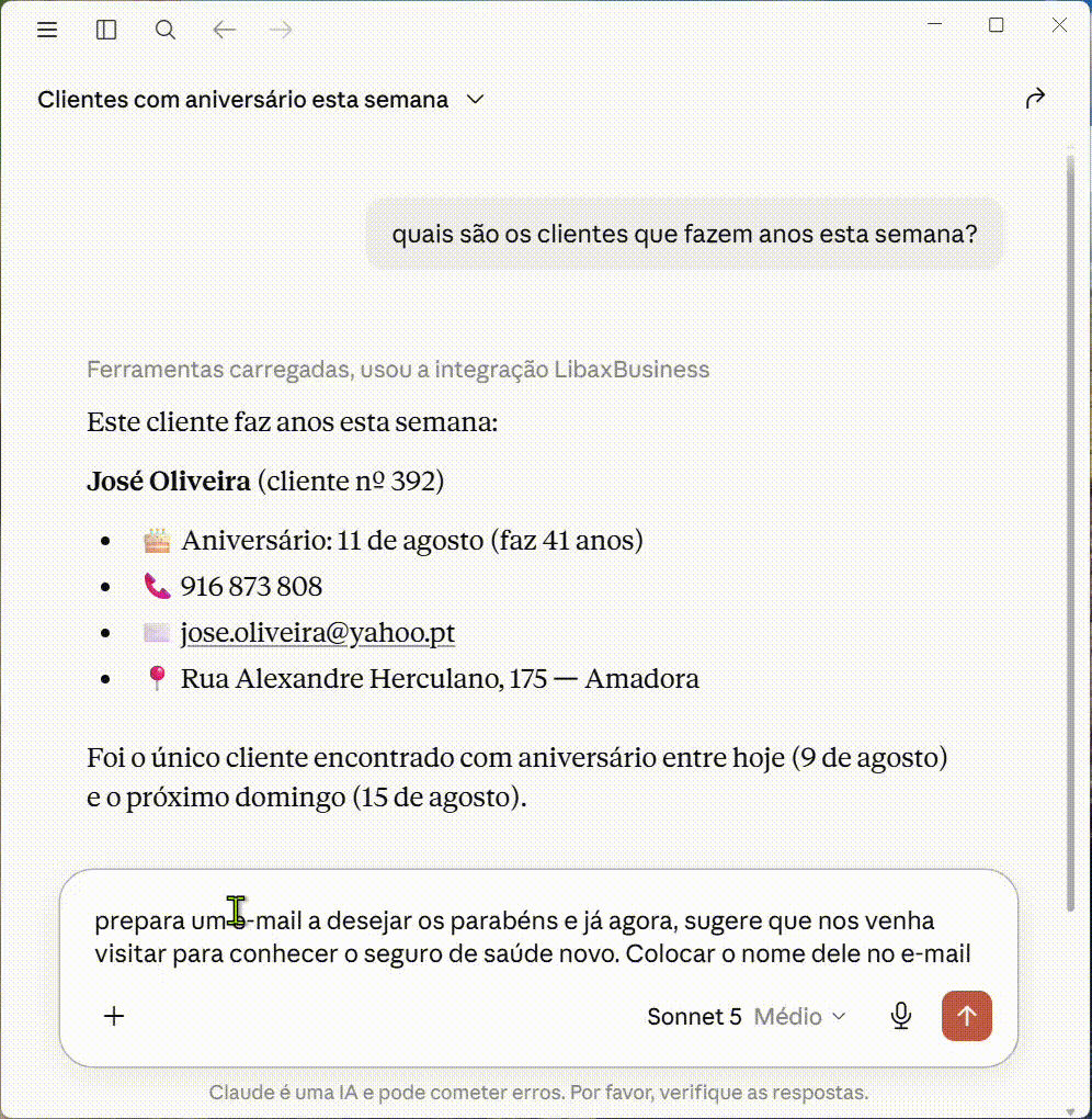 Preparar e enviar e-mail de parabéns a partir do Libax via IA