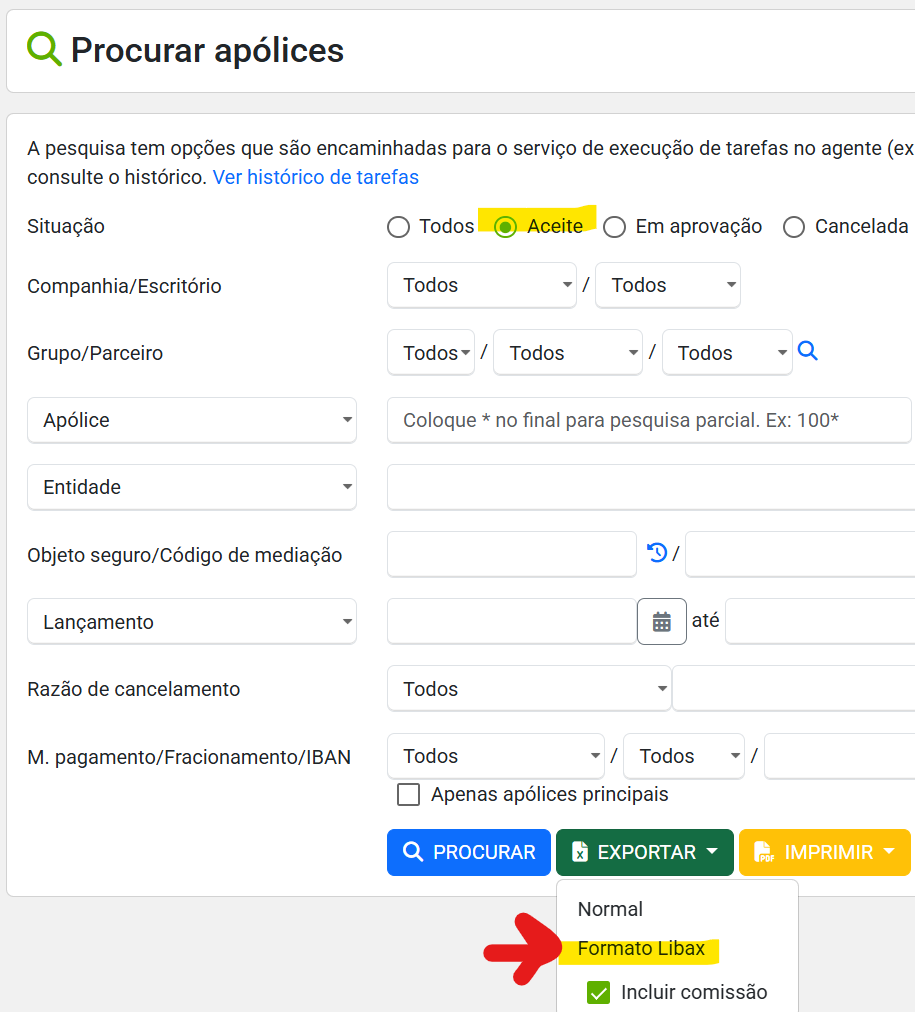 Exportar apólices em vigor em formato Libax, no ecrã Procurar apólices