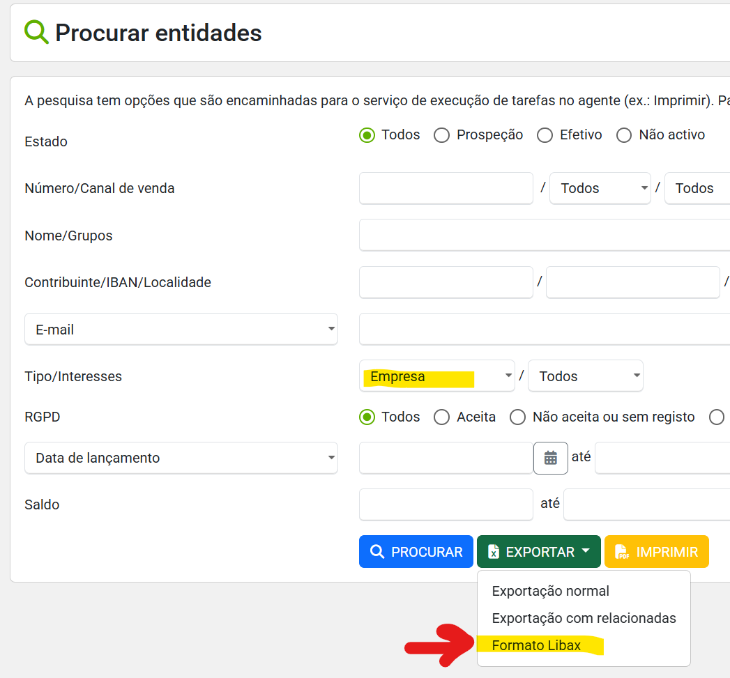 Exportar listagem de clientes em formato Libax, no ecrã Procurar entidades
